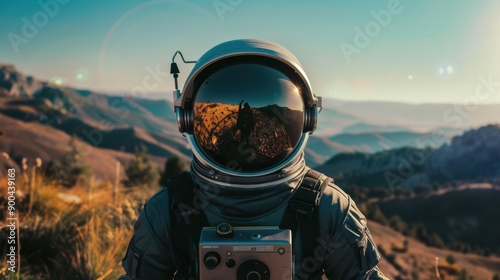 The astronaut in mountain landscape photo