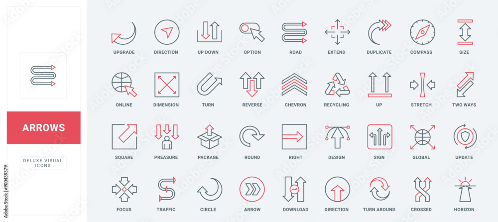 Vetor de Arrow line icons set. Up and down flow of progress, turn ...