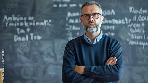 middle aged, angry and disappointed teacher standing with his arms folded in front of a blackboard