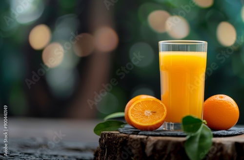 Orange Juice and Fruit on Tree Stump