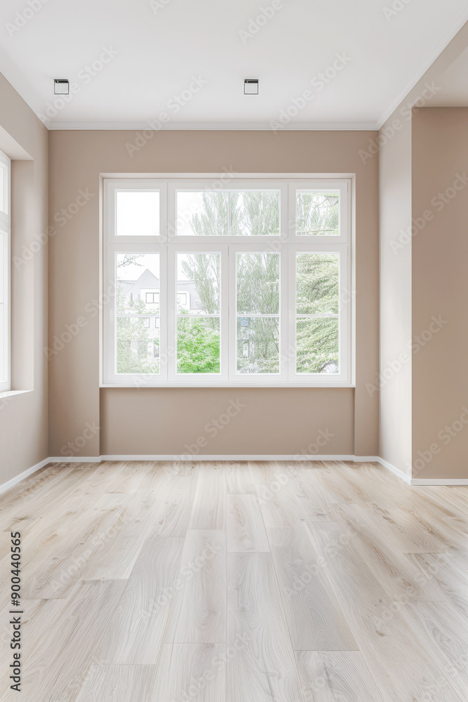 Elegant empty room interiors with a large window, neutral colors, natural lighting and copyspace. Empty property interiors. Elegant empty room interiors with a large window, neutral colors, natural lighting and copyspace. Empty property interiors.