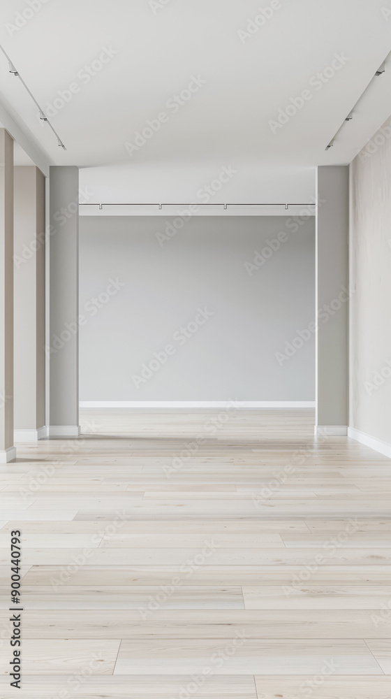 Fototapeta premium Elegant empty room interiors with a large window, neutral colors, natural lighting and copyspace. Empty property interiors.