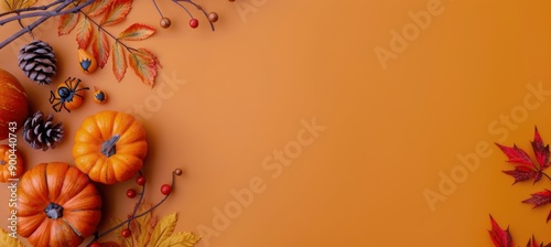 Autumnal Pumpkins and Leaves on Orange Background