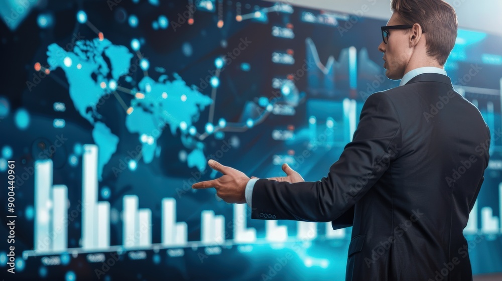 A man in a suit is pointing at a computer screen with a lot of numbers and graphs. Concept of importance and focus, as the man is giving instructions or analyzing the data on the screen A man in a suit is pointing at a computer screen with a lot of numbers and graphs. Concept of importance and focus, as the man is giving instructions or analyzing the data on the screen