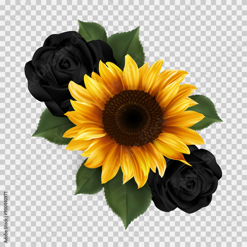 Summer gothic clipart on a transparent background. The floral composition with two black roses and sunflower. Black and yellow. 