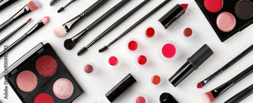 Makeup Products Arranged on White Background