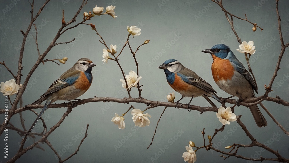 Retro photo wallpaper with birds and branches on a grey background, for fresco or wallpaper Retro photo wallpaper with birds and branches on a grey background, for fresco or wallpaper