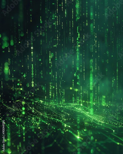Green digits raining down a dark background, tech essence, soft glow, aerial view, abstract futuristic style