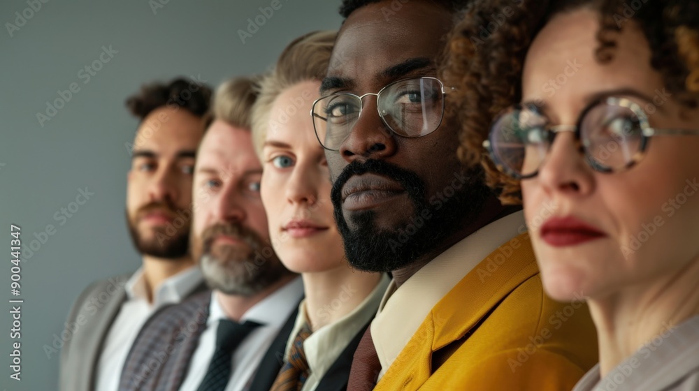 Fototapeta premium A group of people wearing glasses and ties stand in a line. Concept of professionalism and formality, as the individuals are dressed in suits and ties. The group appears to be posing for a photo