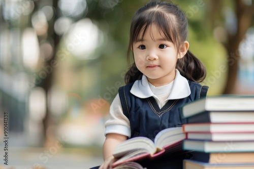 Young Girl Reading Books Outdoors