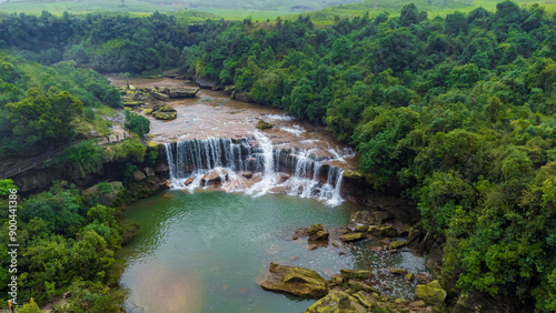 Aerial view of mawsawa falls located in cherrapunji in East khasi hills in cherrapunjee, meghalaya India.