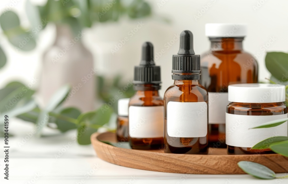 Glass Bottles With Droppers on Wooden Tray