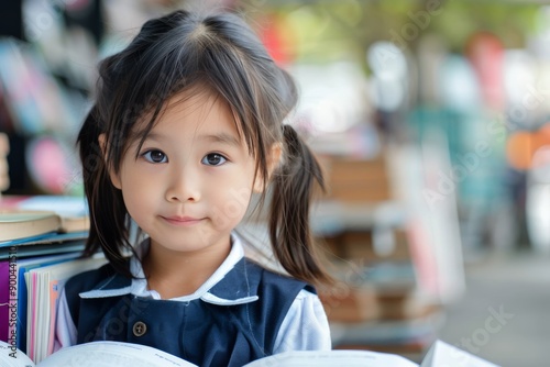Young Girl Reading Books Outdoors