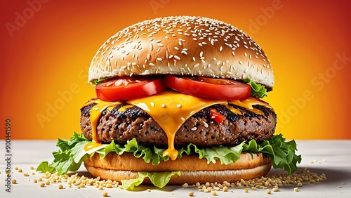 Single burger, vibrant background. The burger should be visually appealing with bold, exaggerated details: a juicy patty, melted cheese, crisp lettuce, fresh tomatoes, and sesame seed bun.  photo