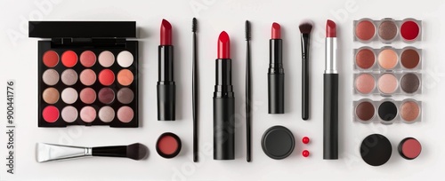 Makeup Products Arranged on White Background