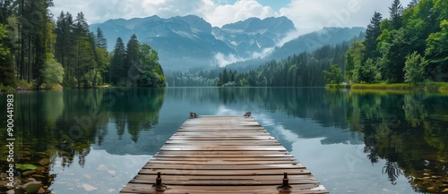 Fototapeta Naklejka Na Ścianę i Meble -  Wooden dock on lake with forest and mountains in background