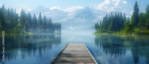 Wooden dock on lake with forest and mountains in background