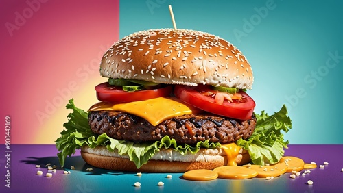 Single burger, vibrant background. The burger should be visually appealing with bold, exaggerated details: a juicy patty, melted cheese, crisp lettuce, fresh tomatoes, and sesame seed bun.  photo