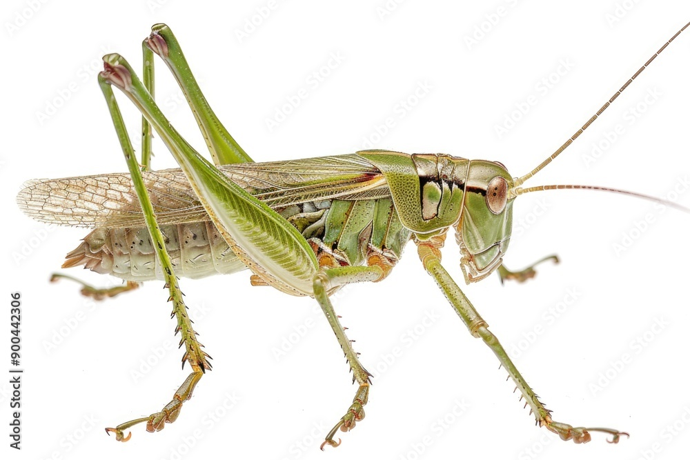 A detailed look at a grasshopper on a clean white background, great for insect or nature photography projects A detailed look at a grasshopper on a clean white background, great for insect or nature photography projects