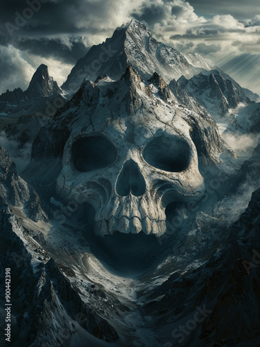 Horror mountain with skull shaped entrance. Cave in shape of a creepy skull. Halloween fantasy hellish conceptual art. Journey to the center of the earth. Portal to the purgatory. 