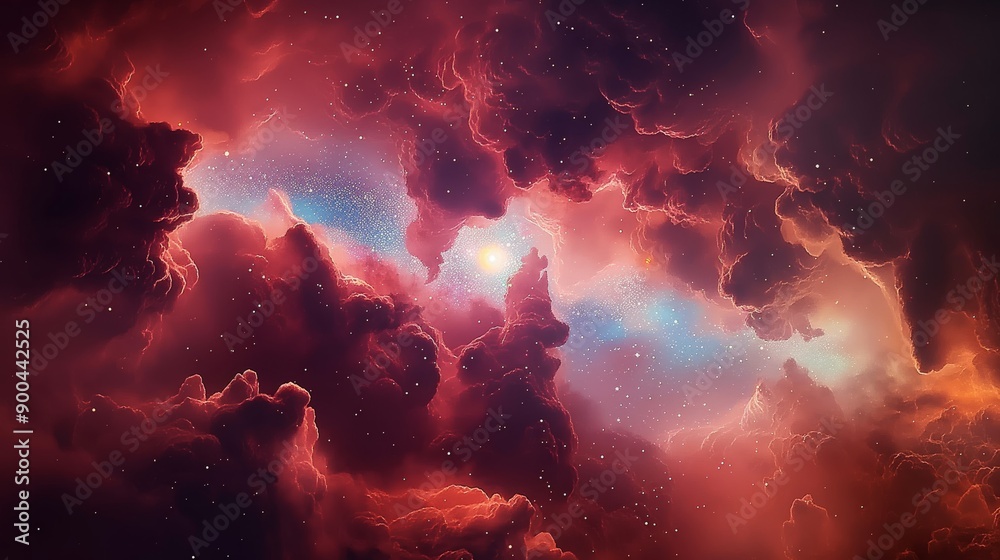 Red and Blue Cosmic Nebula with Glowing Clouds in Deep Space Red and Blue Cosmic Nebula with Glowing Clouds in Deep Space