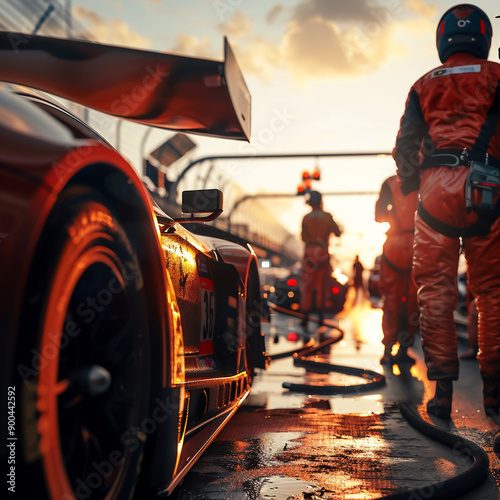 Professional pit crew not ready for action as their team's race car leaves in the pit lane during a pitstop of a car race