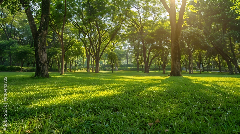 Real-life photo capturing several trees closely grouped together horizontally on the grass in a park Real-life photo capturing several trees closely grouped together horizontally on the grass in a park
