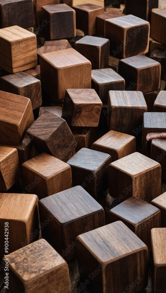 Rhomb-shaped wooden cubes with offset vertical stretch, hardwood background texture. High contrast Rhomb-shaped wooden cubes with offset vertical stretch, hardwood background texture. High contrast