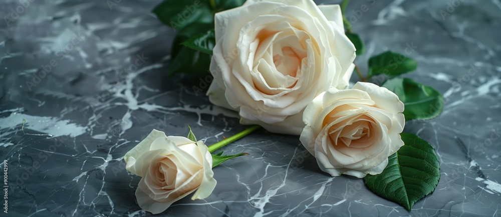 Beautiful white roses on a gray marble table, leaving space for text. Fluid movements Beautiful white roses on a gray marble table, leaving space for text. Fluid movements