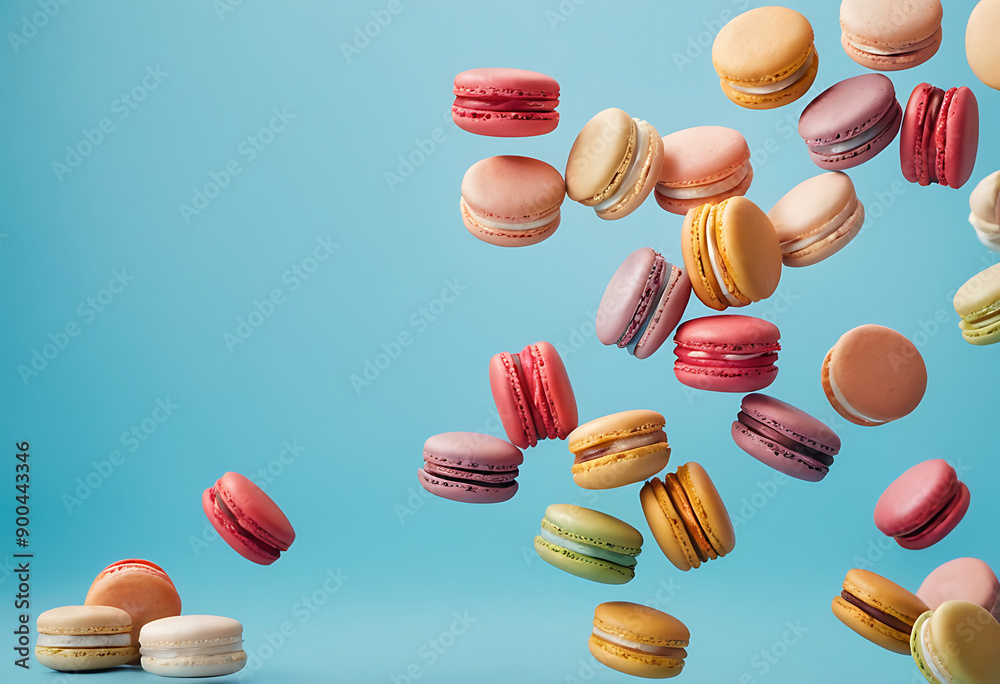 A cascade of pastel pink macarons falls against a vibrant blue and pink background, perfect for bakery promotions, dessert menus, or social media posts. A cascade of pastel pink macarons falls against a vibrant blue and pink background, perfect for bakery promotions, dessert menus, or social media posts.