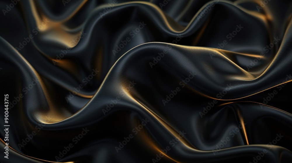 Fototapeta premium An intricate look at a luxurious, wavy fabric with a silky texture, showcasing contrasting black and gold tones. It has a refined and smooth wavy appearance