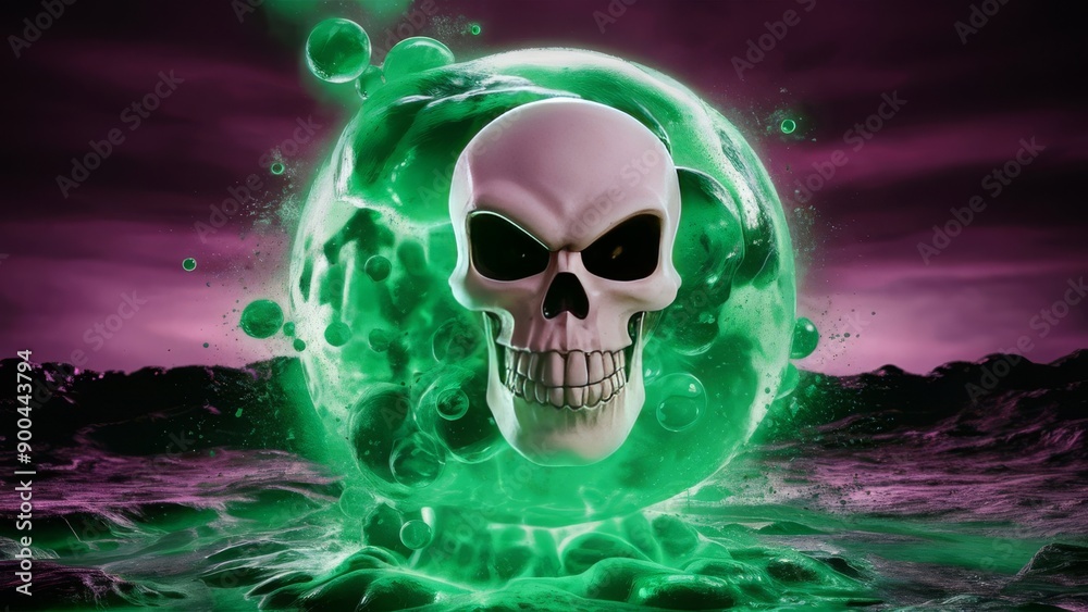 a large, glowing acidic substance with a skull floating above it. The acid appears to be a vibrant green color, bubbling and emitting toxic fumes a large, glowing acidic substance with a skull floating above it. The acid appears to be a vibrant green color, bubbling and emitting toxic fumes