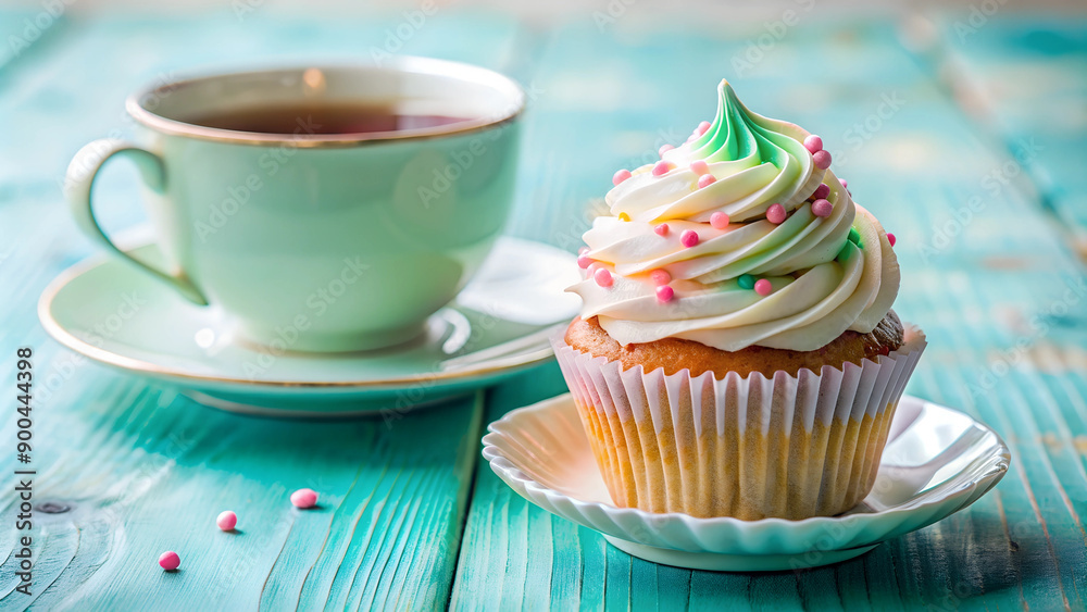 Cupcake with cream frosting and a cup of tea on a wooden table Cupcake with cream frosting and a cup of tea on a wooden table