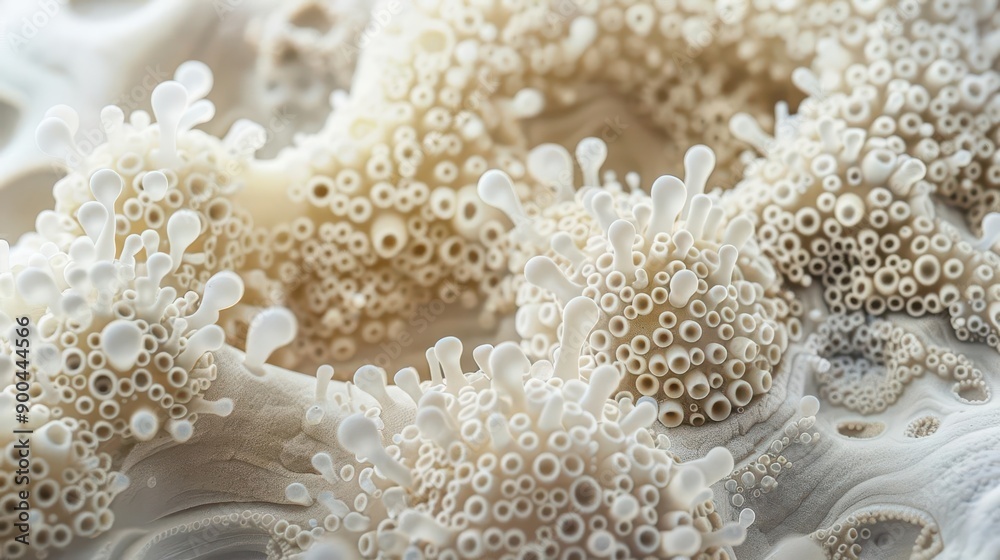 Macro shot of pale, detailed microscopic organisms on a textured surface, highlighting intricate features Macro shot of pale, detailed microscopic organisms on a textured surface, highlighting intricate features