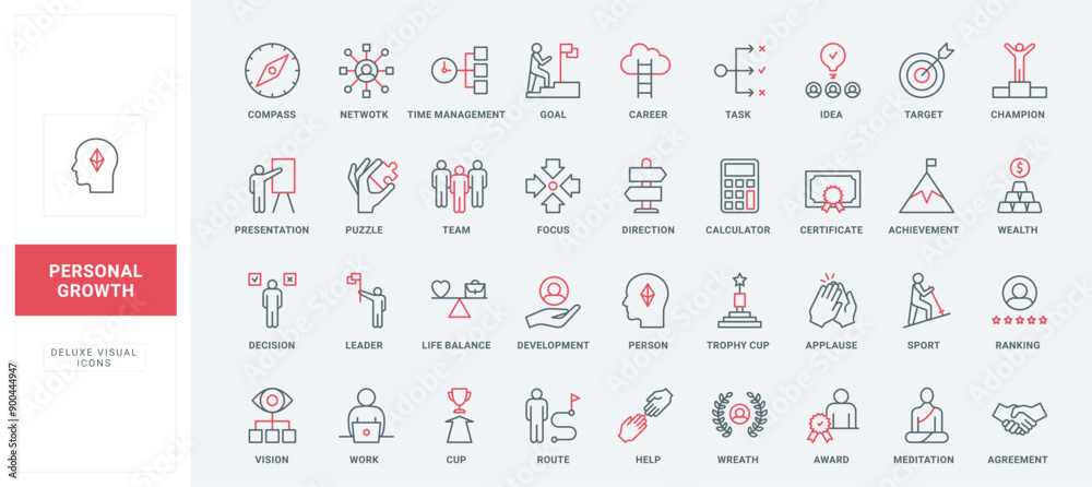 Personal development and growth, skills training line icons set. Work ...