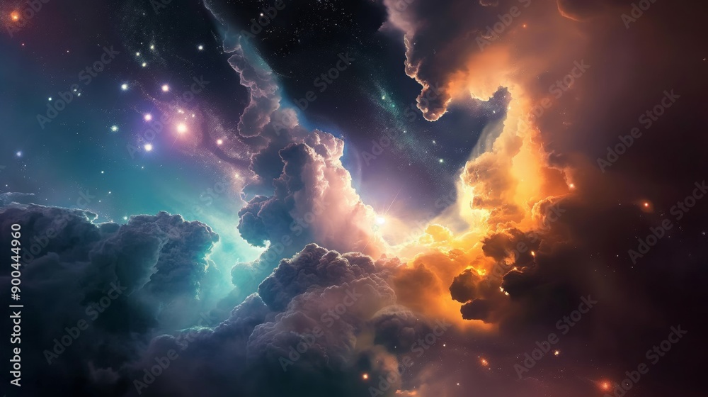 Fototapeta premium Vibrant Interstellar Nebula with Multicolored Clouds and Stars in Deep Space