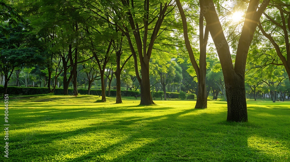 Real-life photo capturing several trees closely grouped together horizontally on the grass in a park Real-life photo capturing several trees closely grouped together horizontally on the grass in a park