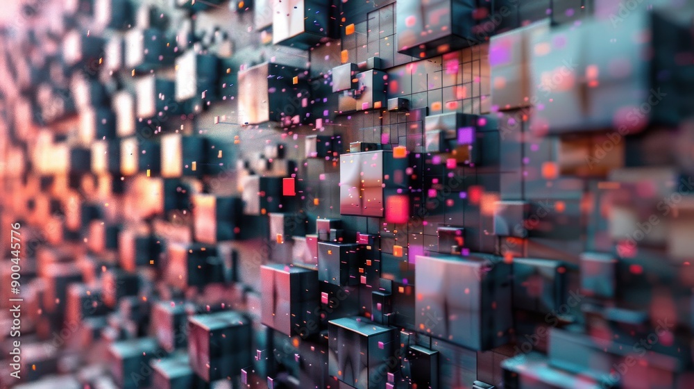 Abstract 3D Geometric Pattern of Cubes with Colorful Glowing Particles Abstract 3D Geometric Pattern of Cubes with Colorful Glowing Particles