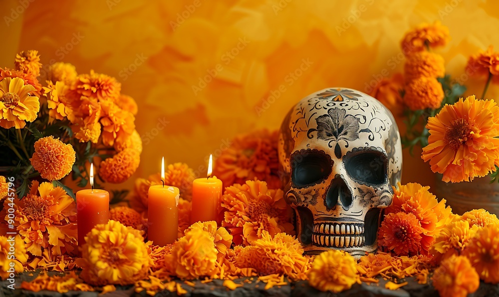 A vibrant and cultural Dia de los Muertos scene featuring sugar skulls, marigold flowers, and candles against a bright orange background