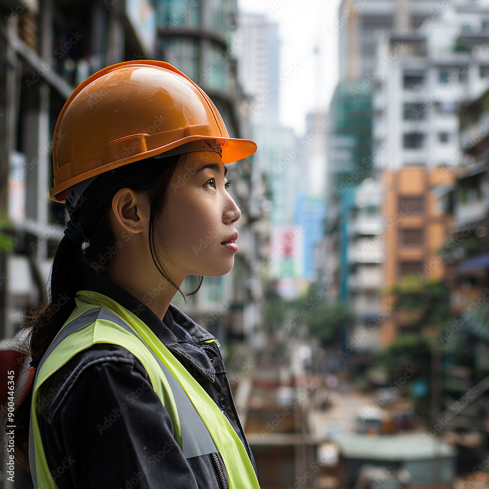 Asian woman inspector in worksite looking at buildings Asian woman inspector in worksite looking at buildings