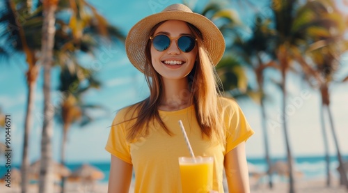 Woman Enjoying Tropical Drink on Beach