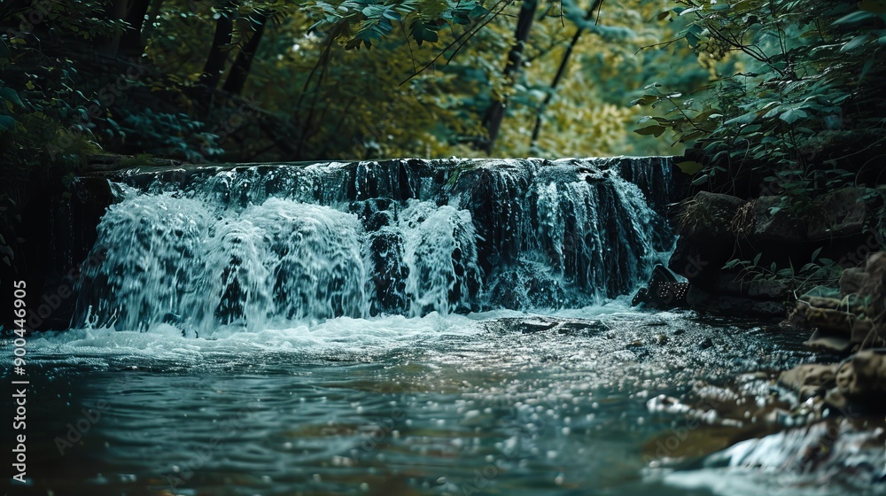 Obraz premium Water gently cascades over rocks in a serene forest setting during the late afternoon