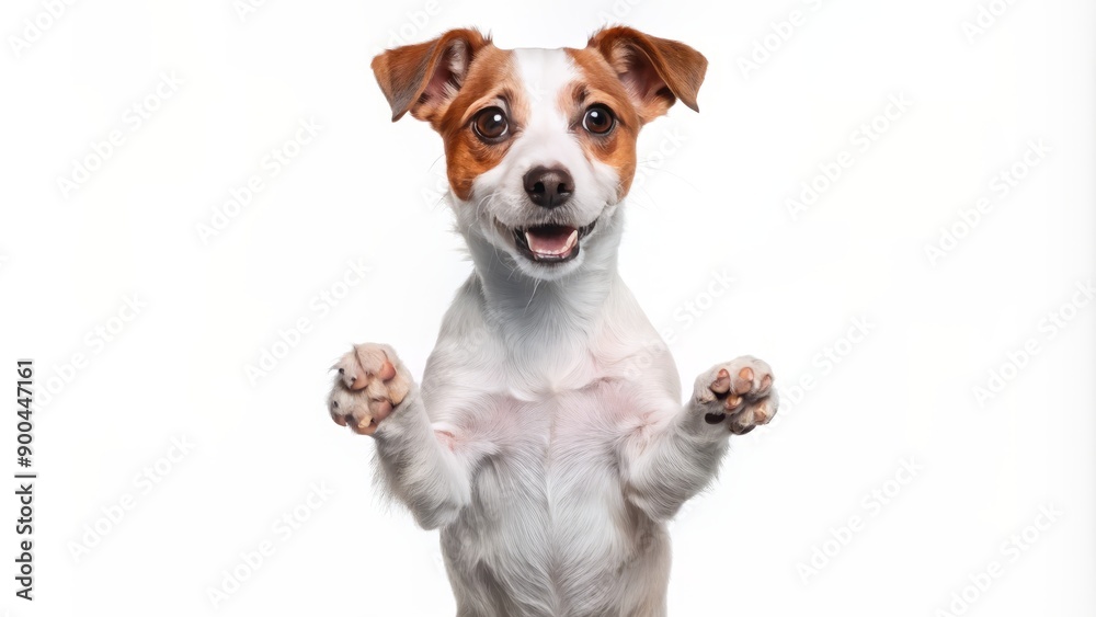 Adorable small fluffy white Jack Russell Terrier dog standing on hind legs, front paws together, smiling, with sweet expression, isolated on transparent background. Adorable small fluffy white Jack Russell Terrier dog standing on hind legs, front paws together, smiling, with sweet expression, isolated on transparent background.