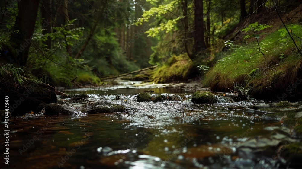 Tranquil forest stream surrounded by lush greenery and sunlight filtering through the trees Tranquil forest stream surrounded by lush greenery and sunlight filtering through the trees