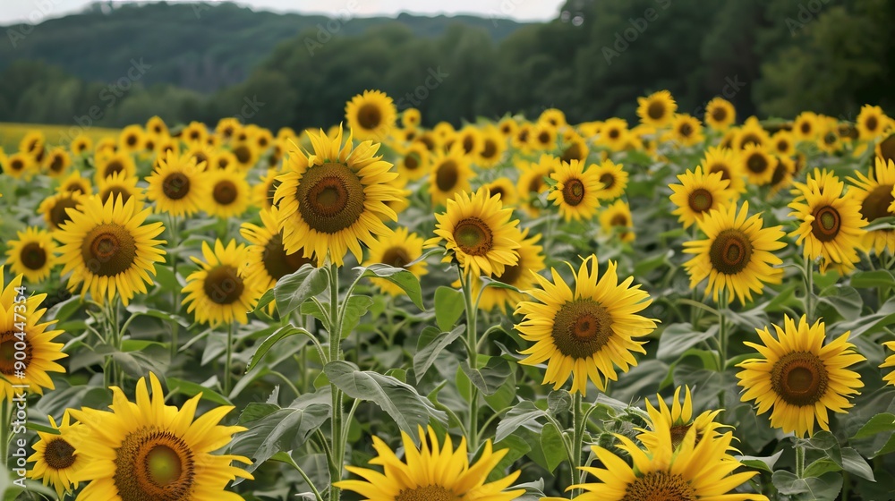 Fototapeta premium Wide shot of a vibrant sunflower field. 