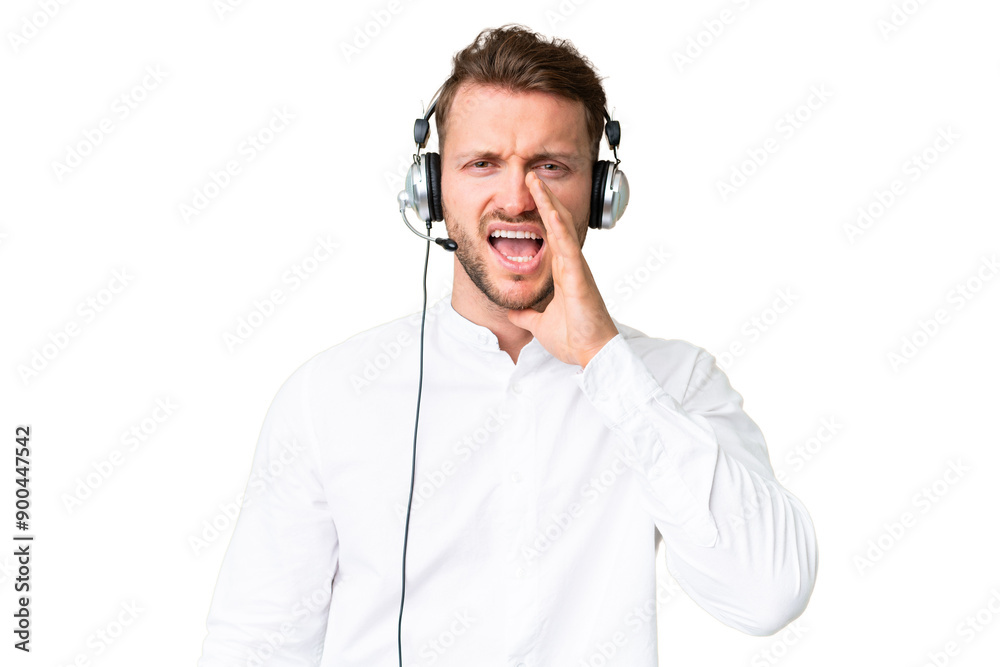 Telemarketer caucasian man working with a headset over isolated chroma key background shouting with mouth wide open Telemarketer caucasian man working with a headset over isolated chroma key background shouting with mouth wide open