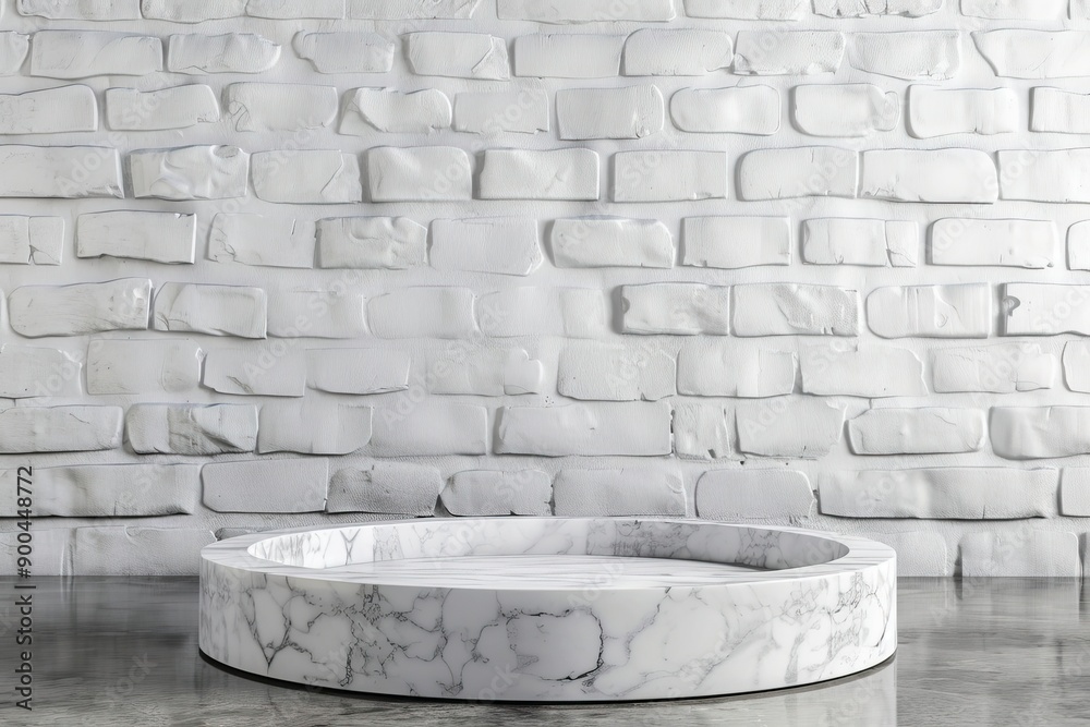 Empty marble podium on bathroom table before white brick wall with generative ai Empty marble podium on bathroom table before white brick wall with generative ai