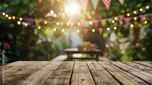 Wooden Table with Blurred Background of Party in Garden