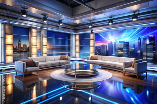 Modern sleek news studio set with glimmering LED lights, luxurious couches, and contemporary decor, perfect for television broadcast, media production, or journalism backgrounds. photo