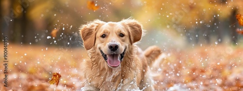 Golden Retriever Running Through Autumn Leaves